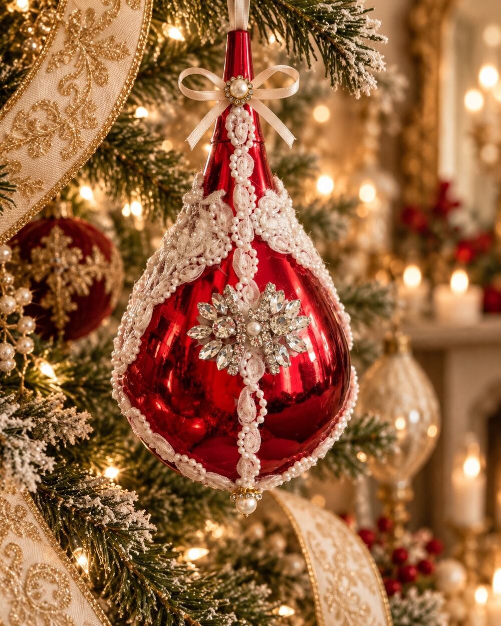 Handmade Red Victorian Jeweled Christmas Ornament OOAK